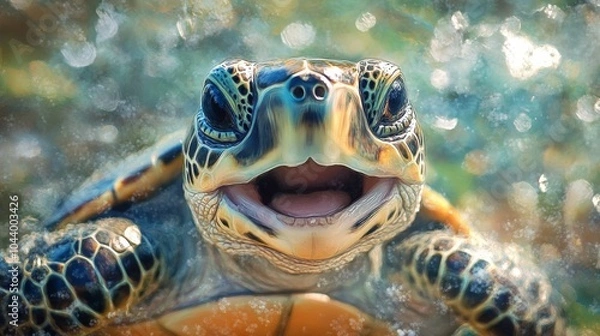 Fototapeta A baby turtle is smiling and looking at the camera. The image has a playful and lighthearted mood, as the turtle appears to be happy and content