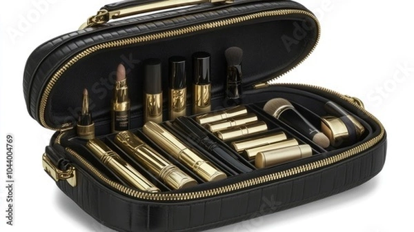 Fototapeta Modern, leather cosmetic bag with gold accents, neatly packed with makeup essentials for on-the-go touch-ups.