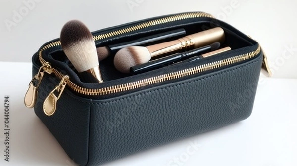 Fototapeta Modern, leather cosmetic bag with gold accents, neatly packed with makeup essentials for on-the-go touch-ups.