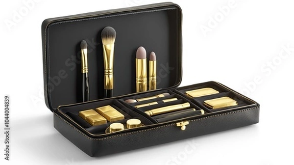 Fototapeta Modern, leather cosmetic bag with gold accents, neatly packed with makeup essentials for on-the-go touch-ups.
