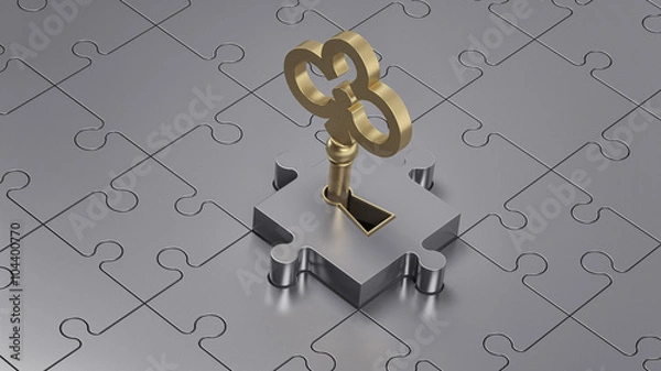 Obraz Close up of a golden key and metal puzzle. (Concept illustration)