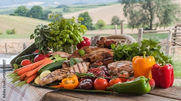 Obraz a tray of food including vegetables, meat, and vegetables.
