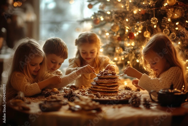 Fototapeta A cozy family gathering around a festive table filled with pancakes and joy