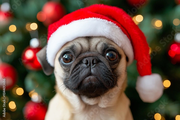 Obraz A festive pug wearing a Santa hat poses adorably amidst Christmas decorations in soft, shimmering light. Generative AI