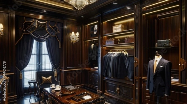 Fototapeta A room with a dresser and a table with a lamp on it