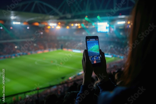 Fototapeta Wide-angle view of a person photographing a vibrant soccer match with a smartphone in a stadium filled with lights
