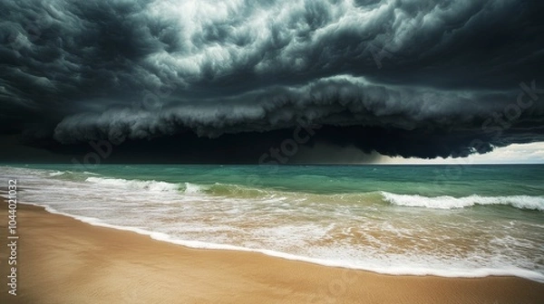 Fototapeta Dark clouds loom above the restless sea hinting at an impending storm along the shore