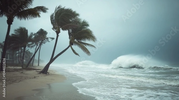 Fototapeta Powerful waves surge against the shore as dark clouds hover over a stormy coastline