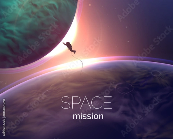 Fototapeta A space mission scene featuring an astronaut floating near two planets with a radiant sunrise, rendered in realistic vector art with detailed 3D effects. vector background.