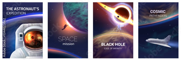 Fototapeta A collection of space-themed posters showcasing astronauts, black holes, and spacecraft, created with realistic vector graphics and 3D effects for a futuristic look.