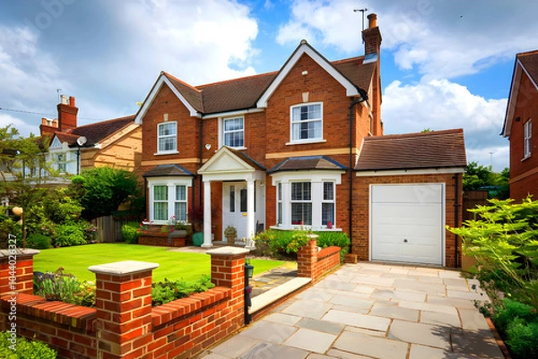 Obraz Traditional style: white garage doors on a new house in the UK.