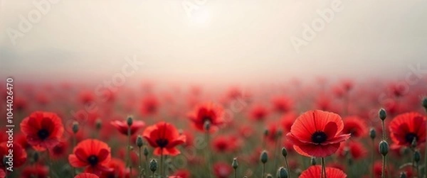 Fototapeta Field of vibrant red poppy flowers under soft morning light in a misty atmosphere copy space