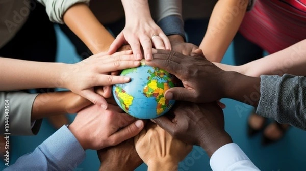 Fototapeta Diverse hands unite to hold a globe, symbolizing global unity, collaboration, and shared responsibility across cultures.