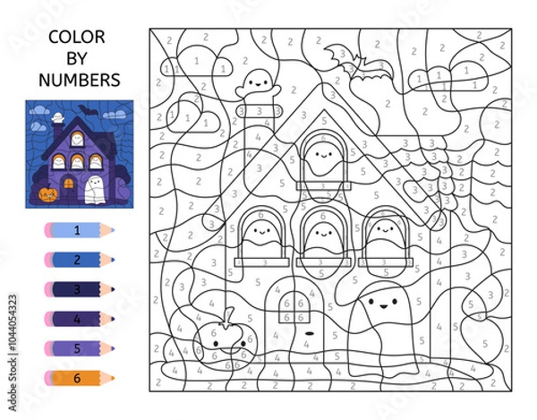 Fototapeta Color by number. Haunted mansion with cute ghosts. Halloween pumpkin. Education game for children. Coloring page. Printable activity sheet. Vector illustration.