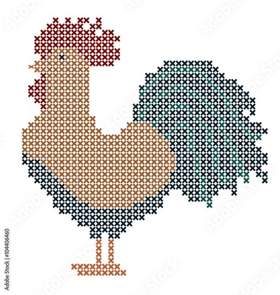 Obraz Cross stitch rooster, pixels, vector