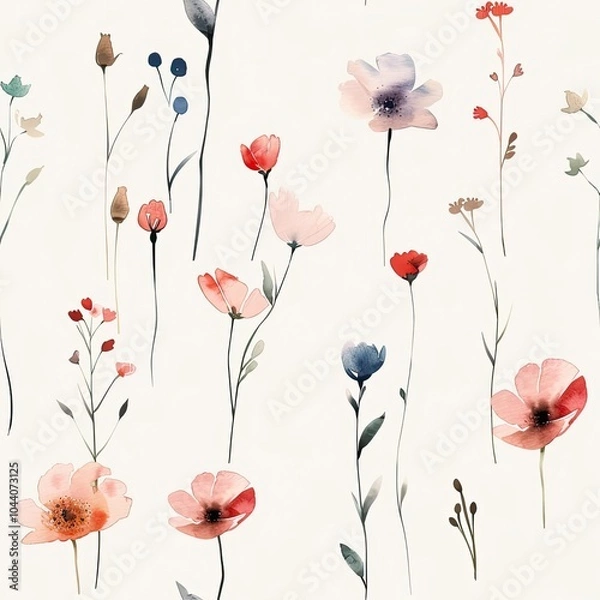 Obraz Delicate watercolor floral pattern featuring various colorful flowers on a light background