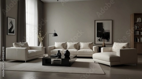 Fototapeta Modern living room with a white sofa, a coffee table, a rug, and a large window.