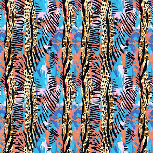 Obraz Fun girly camouflage pattern in vibrant stripes and spotted seamless design . Modern skin texture patched effect for festival and beach wear style in repeat .