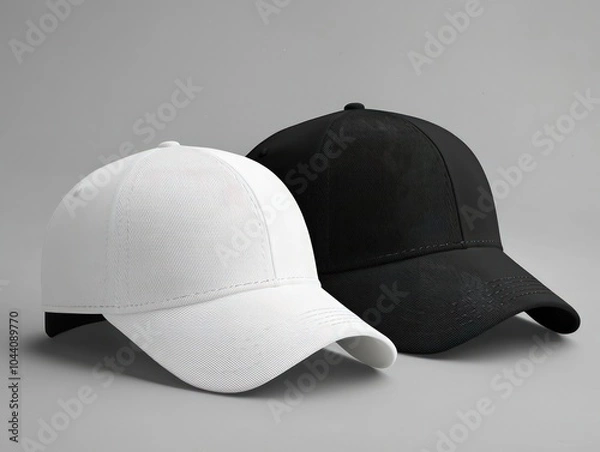 Fototapeta White and black baseball caps mockup, front view on grey background