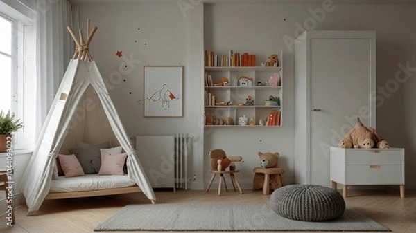 Fototapeta A cozy and modern children's bedroom with a teepee, a rug, and shelves full of toys.