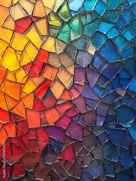Fototapeta A vibrant stained glass mosaic featuring a kaleidoscope of colors, including reds, oranges, blues, and purples, creating an engaging and dynamic visual experience.
