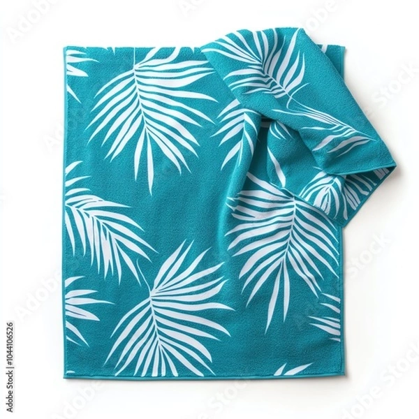 Fototapeta Vibrant turquoise towel with white tropical leaf pattern, perfect for beach and poolside relaxation. Soft and stylish home accessory.