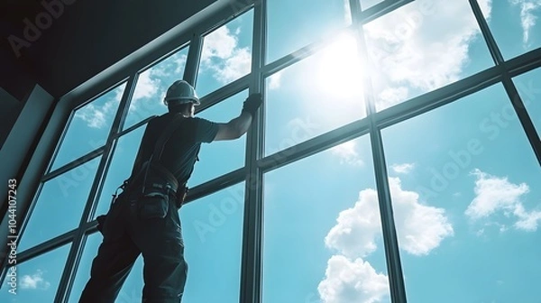 Obraz A construction worker installing windows in a new building
