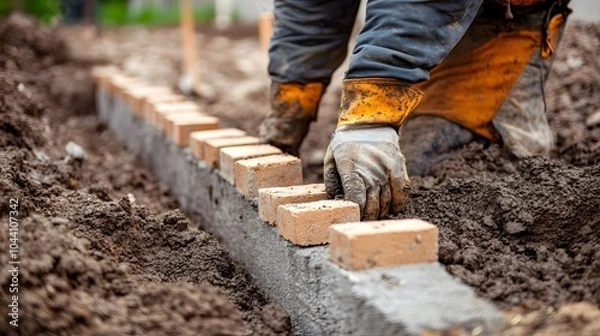 Obraz A construction worker laying bricks for a building fo