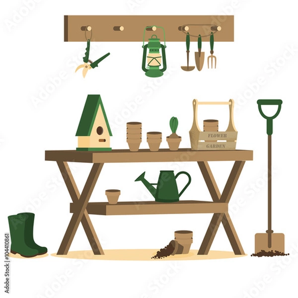 Fototapeta Vector illustration with gardening tools 