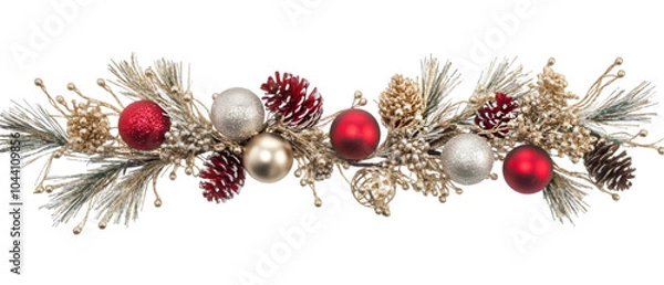 Fototapeta Festive Christmas garland with red and silver baubles, pine cones, and frosted greenery. isolated on transparent background
