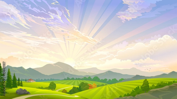Fototapeta A sky full of rays and a scenic meadow