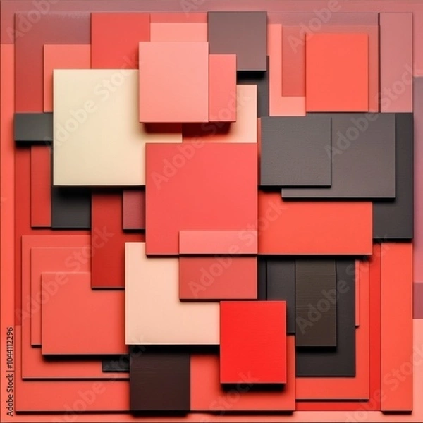 Fototapeta The artwork displays an arrangement of overlapping squares and rhombuses in a vibrant palette of red hues, forming an engaging geometric pattern. Generative AI