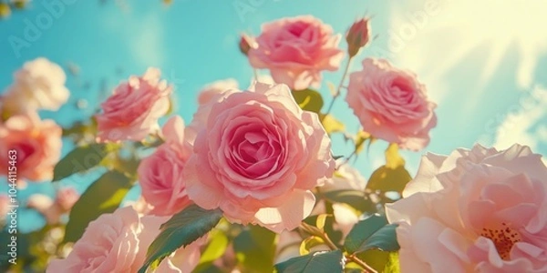Fototapeta A stunning view of blooming pink roses against a bright blue sky. The sunlight illuminates the petals, creating a warm atmosphere. Perfect for floral themes. AI