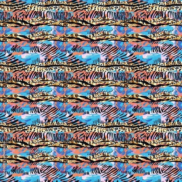 Obraz Fun girly camouflage pattern in vibrant stripes and spotted seamless design . Modern skin texture patched effect for festival and beach wear style in repeat .