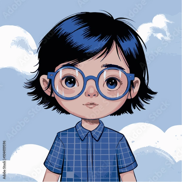 Obraz An illustration of a young boy with dark blue glasses and a blue gingham shirt