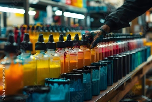 Fototapeta Vibrant Array of Ink Bottles in a Creative Studio