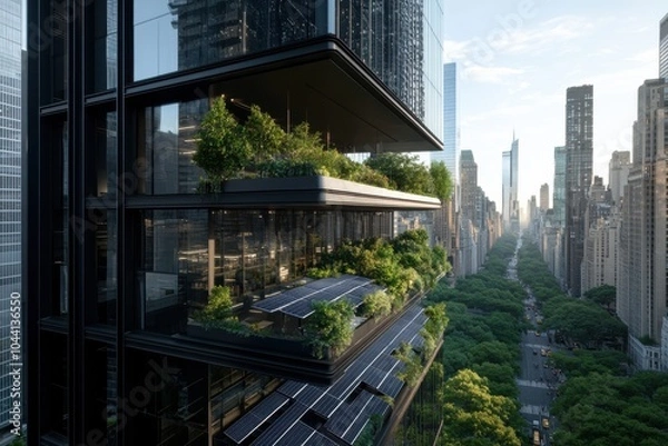 Obraz High-rise building features multiple layers with lush greenery and solar panels, embodying a commitment to sustainable living and future-forward architectural design.