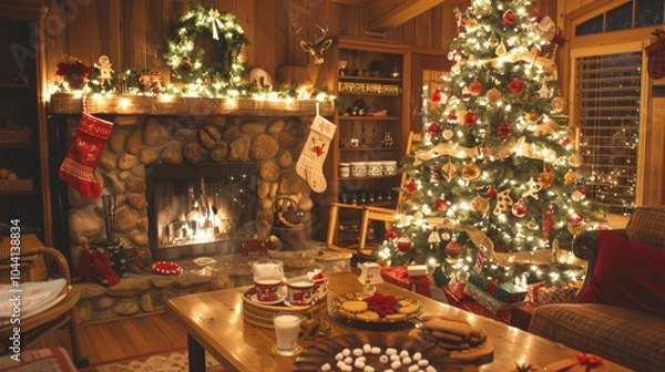 Obraz A cozy living room decorated for Christmas. The tree is filled with gold and red decorations, twinkling lights.