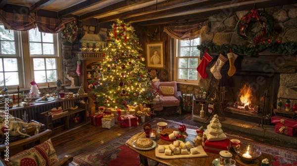 Obraz A cozy living room decorated for Christmas. The tree is filled with gold and red decorations, twinkling lights.