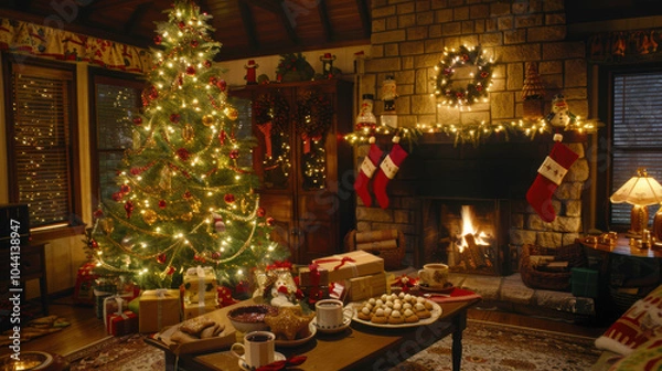 Obraz A cozy living room decorated for Christmas. The tree is filled with gold and red decorations, twinkling lights.