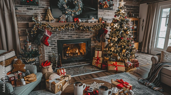 Obraz A cozy living room decorated for Christmas. The tree is filled with gold and red decorations, twinkling lights.