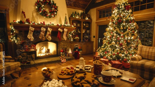 Obraz A cozy living room decorated for Christmas. The tree is filled with gold and red decorations, twinkling lights.