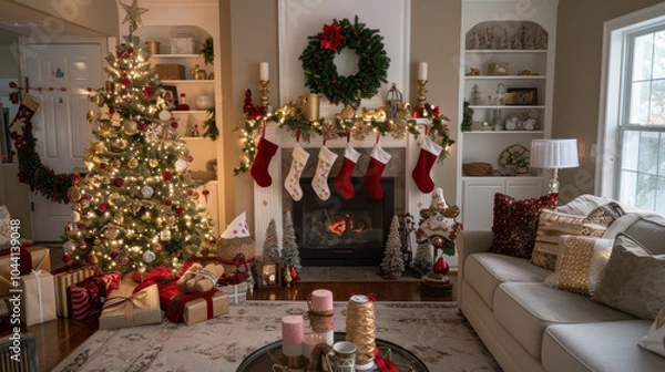 Obraz A cozy living room decorated for Christmas. The tree is filled with gold and red decorations, twinkling lights.