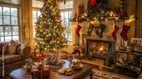 Obraz A cozy living room decorated for Christmas. The tree is filled with gold and red decorations, twinkling lights.