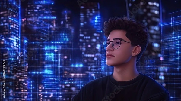 Fototapeta A young man with black hair and glasses gazes thoughtfully while blue holographic technology displays fill the night office backdrop