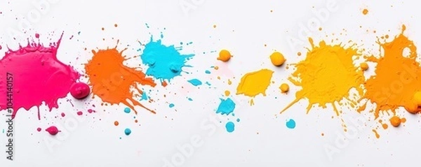 Fototapeta Vibrant splashes of colorful paint on a white background, ideal for creative and artistic projects.
