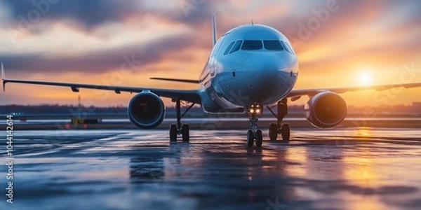 Fototapeta A large passenger airplane is stationed on a glossy reflective runway during a stunning golden hour sunset scene at the airport.