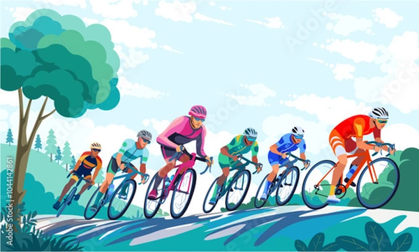 Fototapeta Professional cyclists race through the forest area