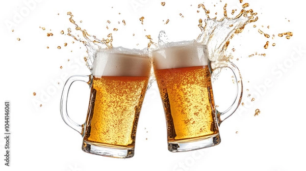 Fototapeta Two Beer Mugs Toasting With Splashes on a Transparent Background Generative AI