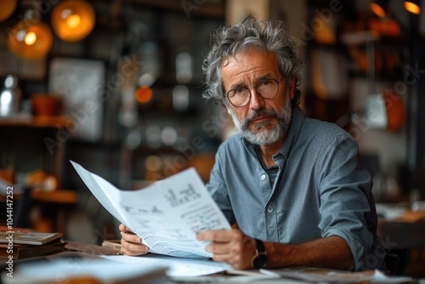 Fototapeta Exploring creativity a thoughtful man engaged in artistic pursuit with papers in a cozy workspace